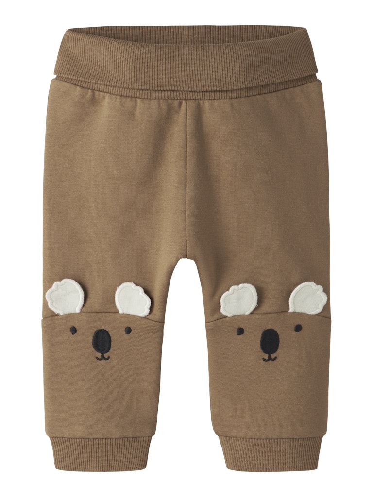 Brown children's pants with bear face design on a white background