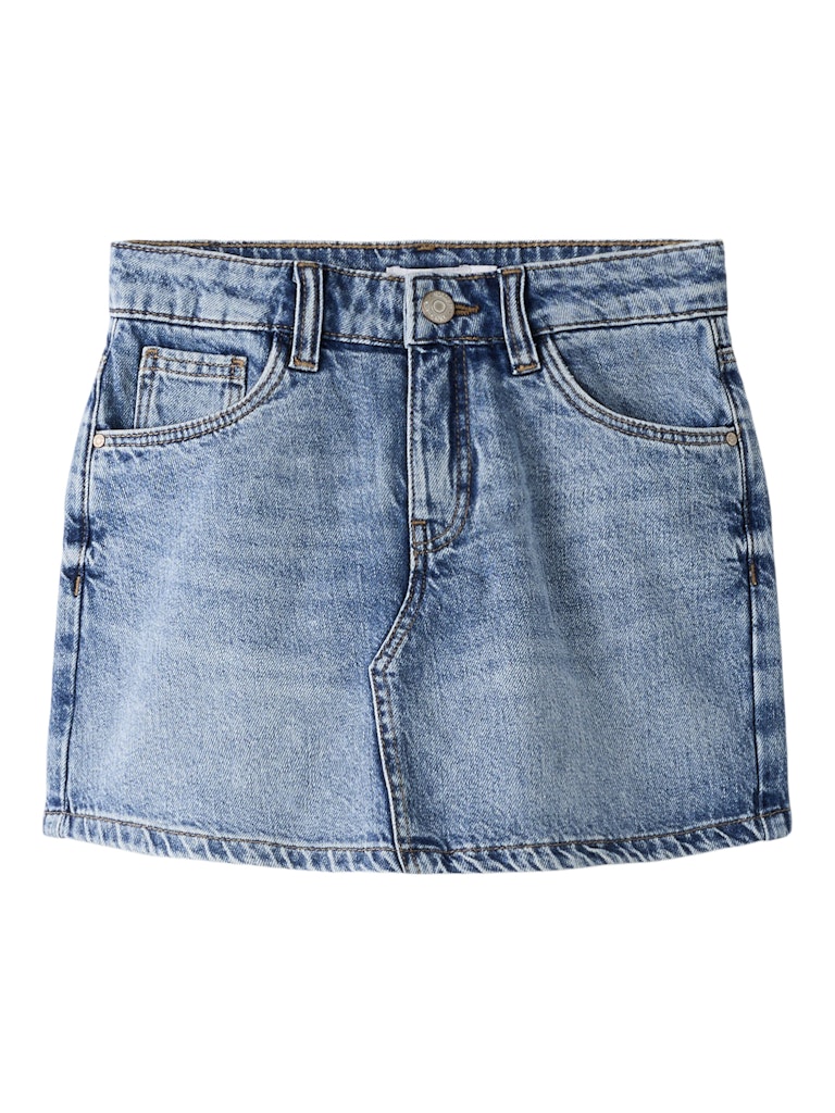 Blue denim skort on a white background