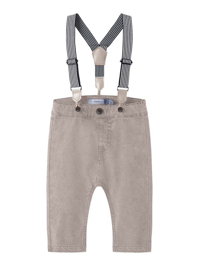 Gray pants with suspenders on a white background