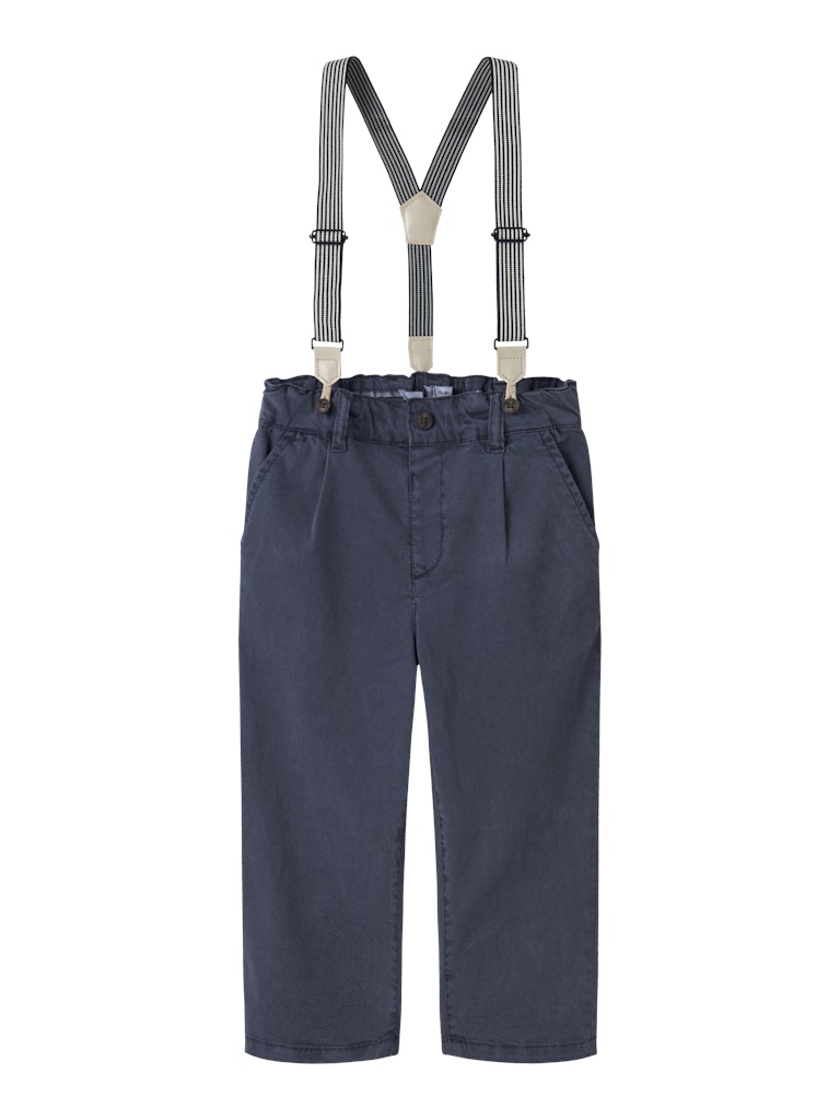 Navy blue pants with suspenders on a white background