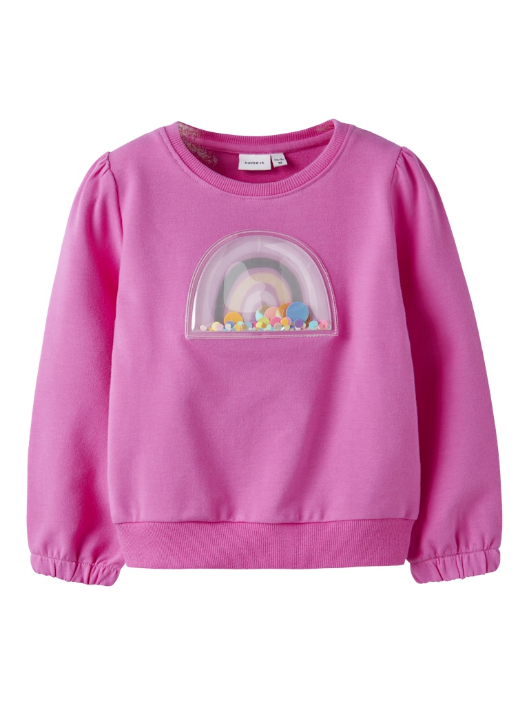 Pink sweatshirt with a rainbow design on a white background