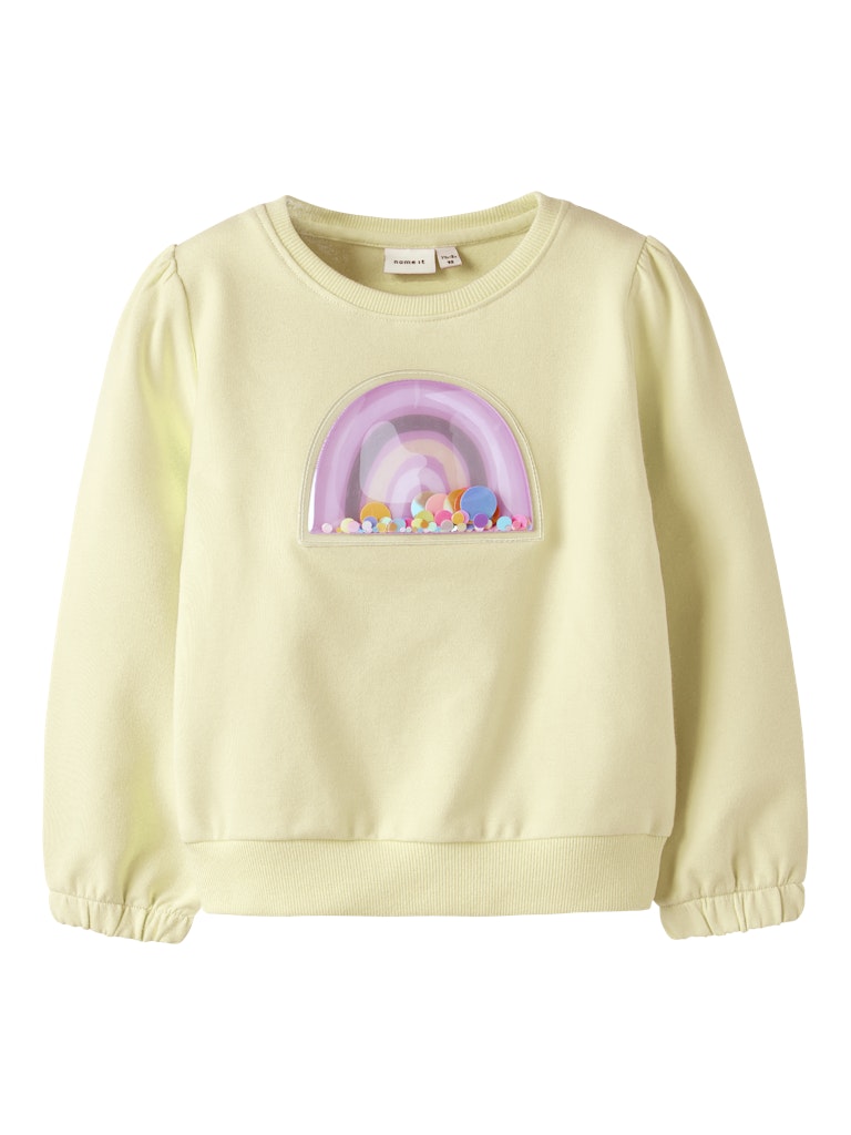 Light yellow sweatshirt with a colorful rainbow design on a white background