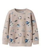 Beige sweatshirt with space-themed graphics on a white background