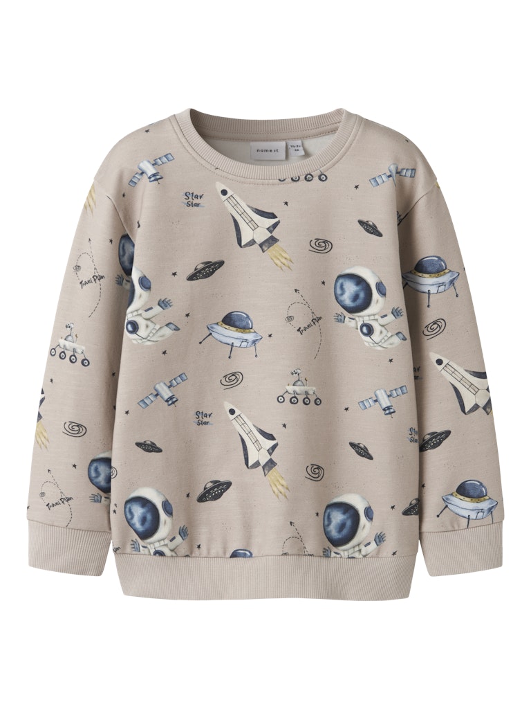 Beige sweatshirt with space-themed graphics on a white background