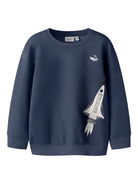 Navy blue sweatshirt with space-themed design on a white background