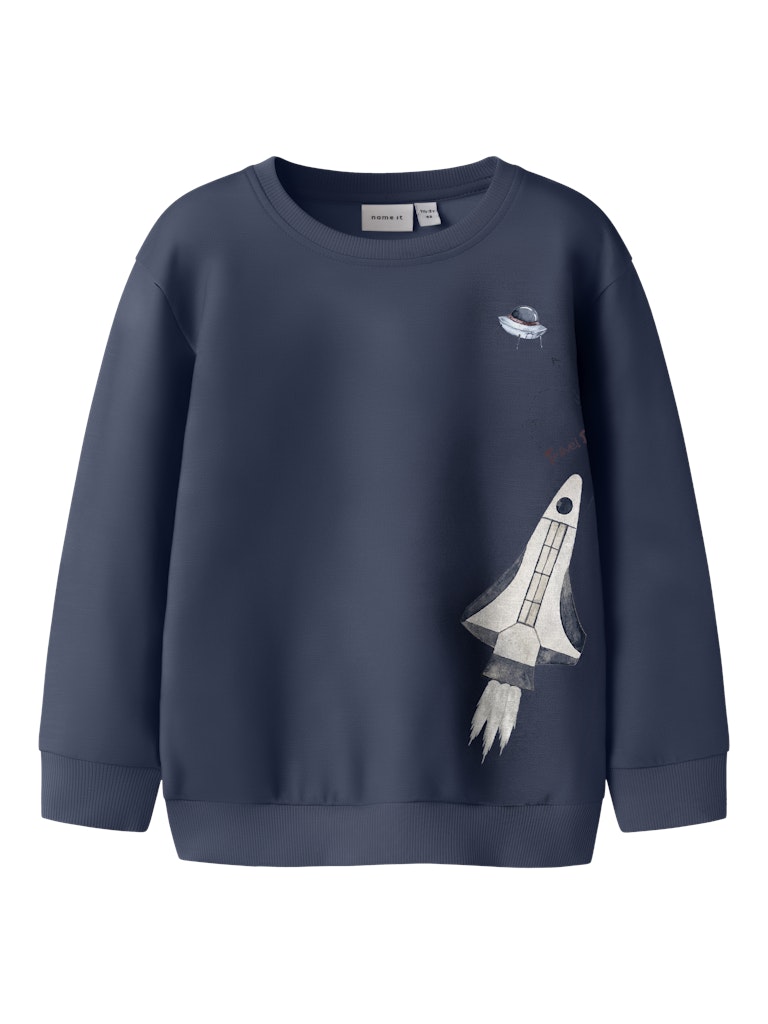 Navy blue sweatshirt with space-themed design on a white background