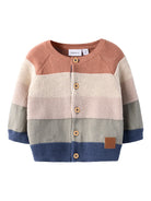 Color-blocked baby sweater with buttons on a white background
