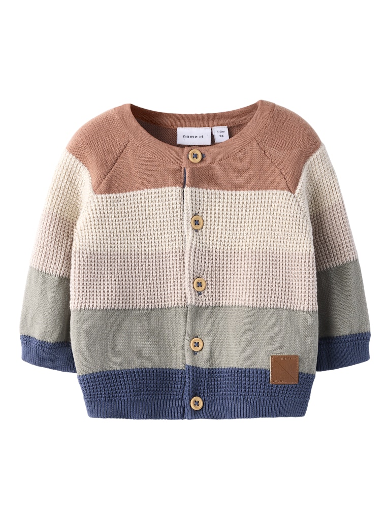 Color-blocked baby sweater with buttons on a white background