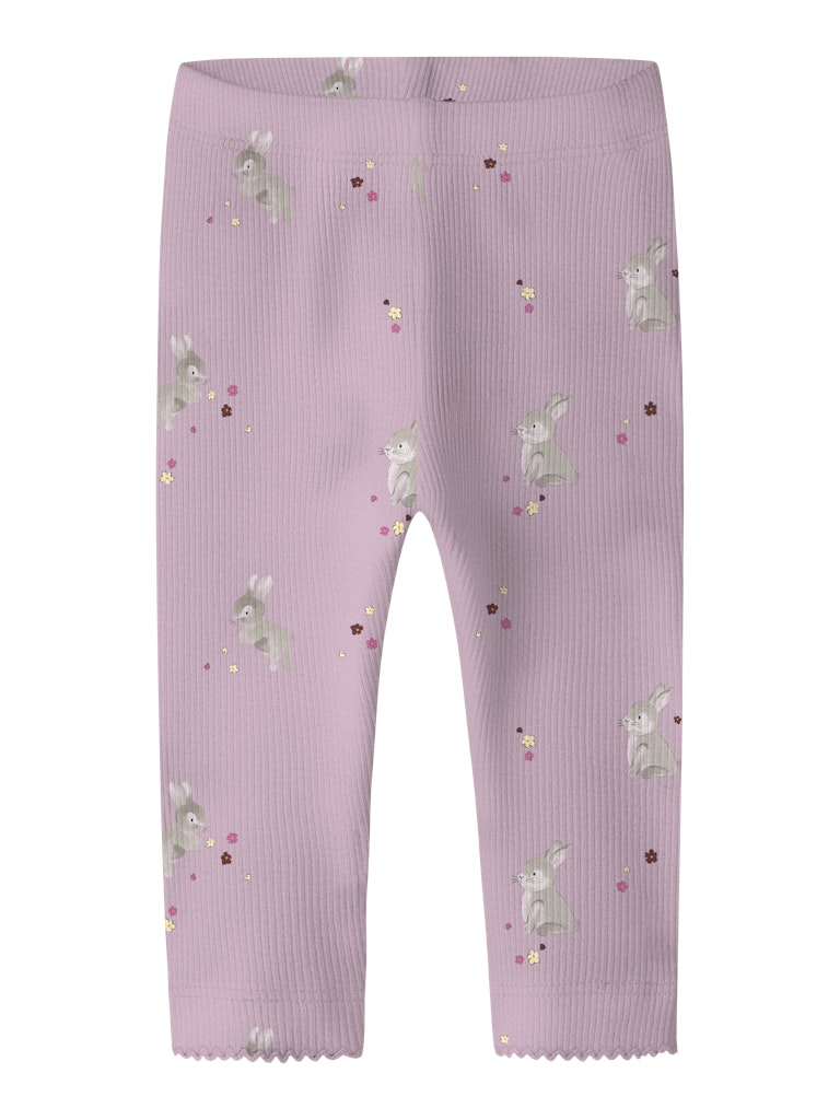 Purple ribbed leggings with bunny and flower pattern on a white background