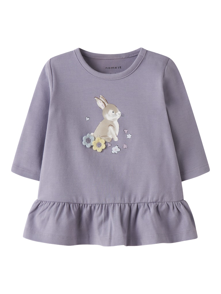 Purple children's shirt with a bunny design on a white background