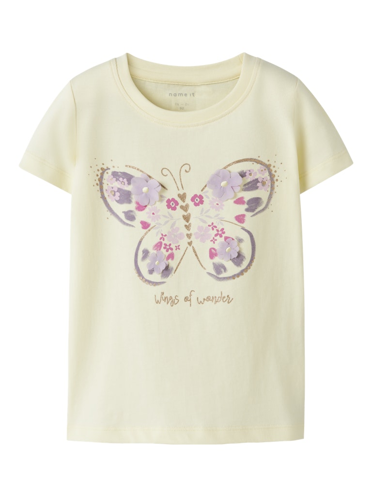 Beige t-shirt with a floral butterfly design on a white background