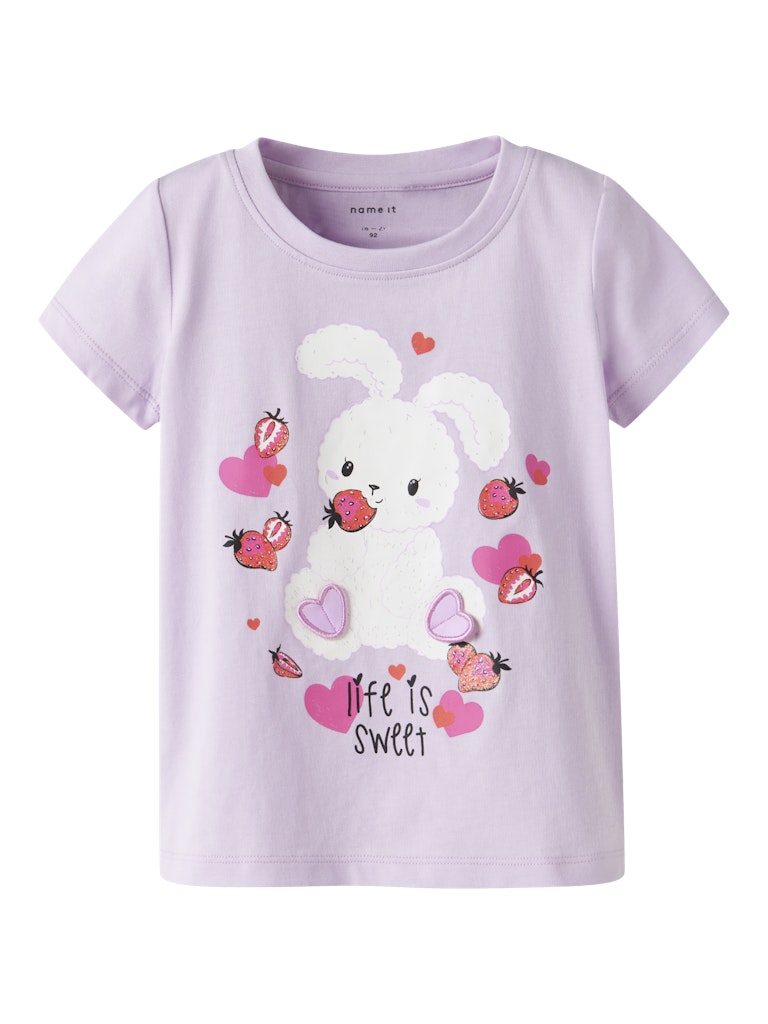 Lavender t-shirt with a bunny and strawberry design on a white background