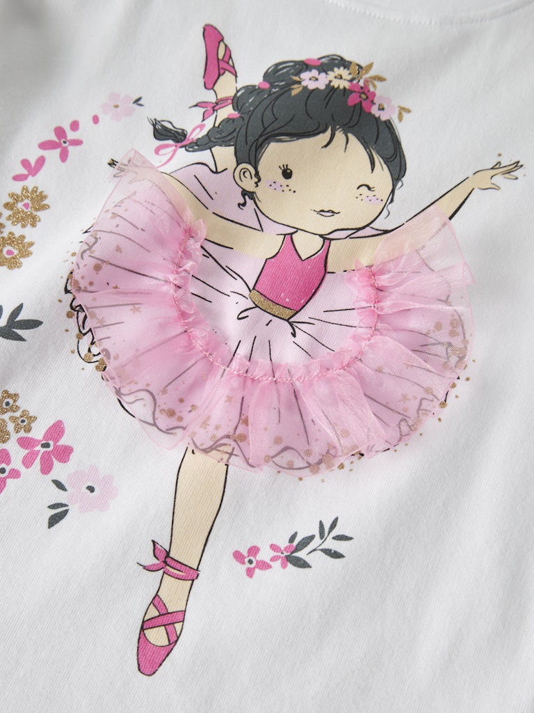 Illustration of a ballerina in a pink tutu with floral decorations on a white background