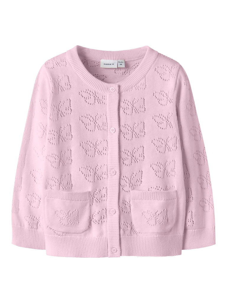 Pink cardigan with butterfly pattern on a white background