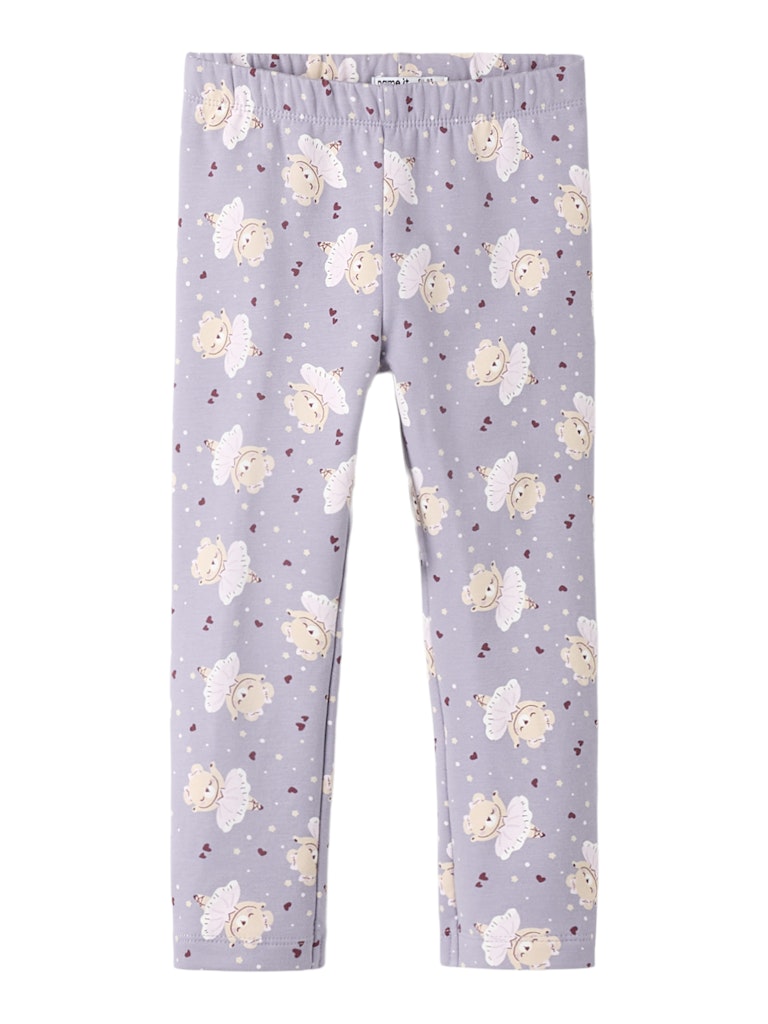 Children's leggings with floral pattern on a light purple background