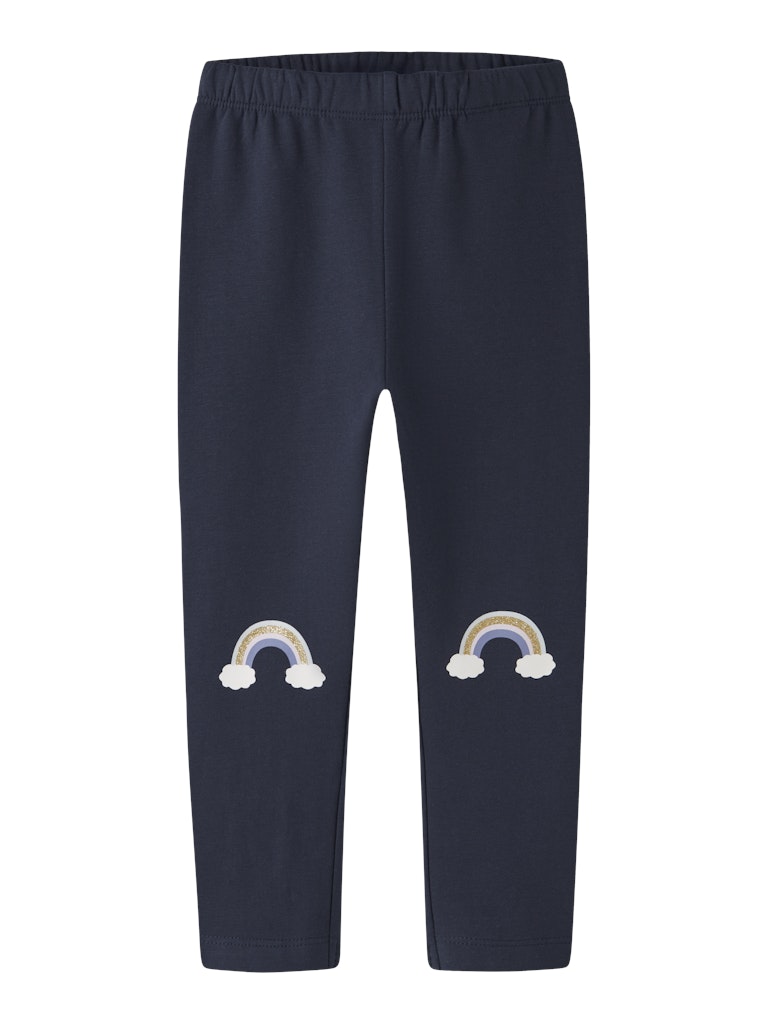 Navy blue pants with rainbow designs on a white background