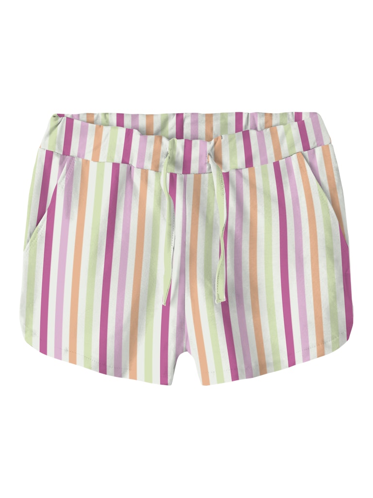 Striped shorts with a colorful pattern on a white background