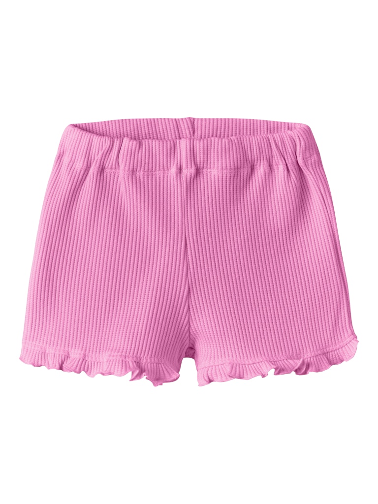 Pink shorts with ruffled edges on a white background