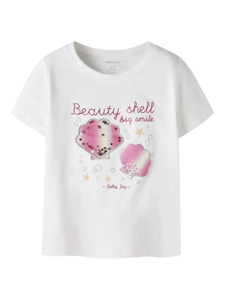 White t-shirt with shell design and text on a white background