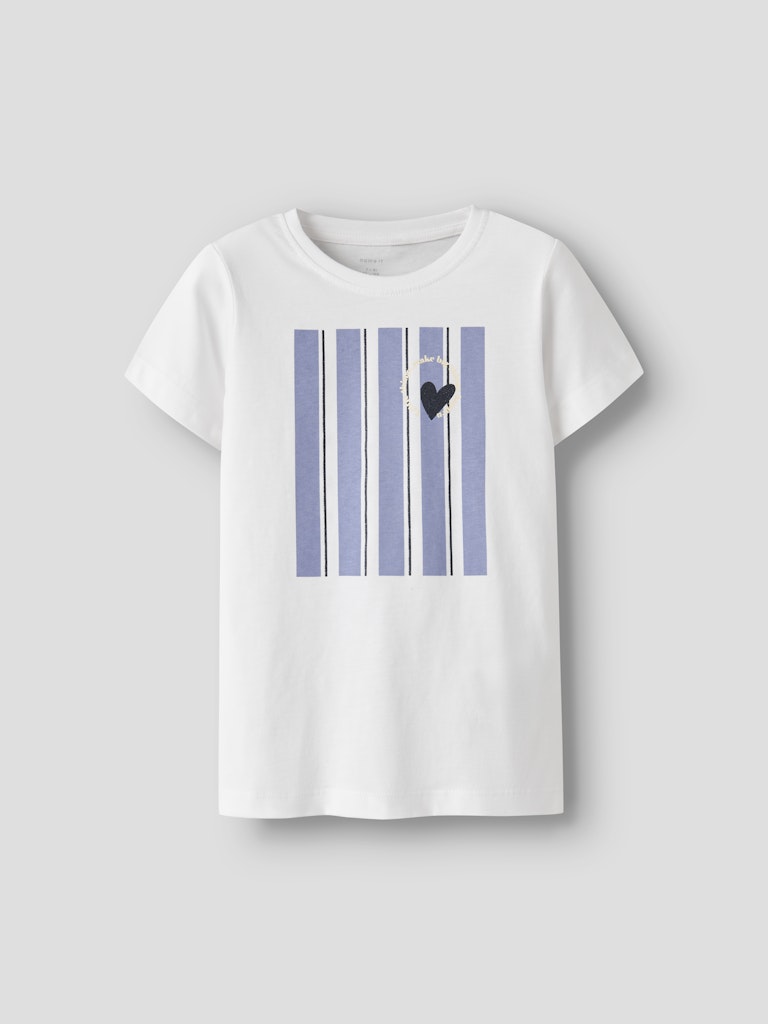 White t-shirt with blue striped design and heart symbol on a light gray background