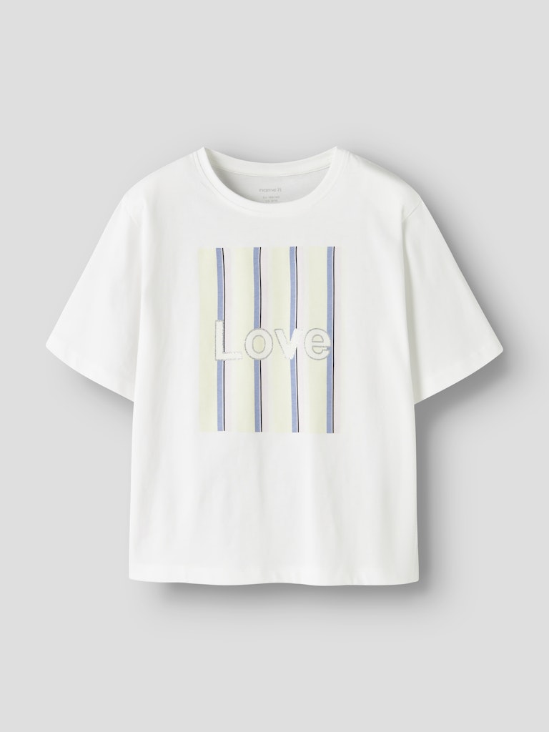 White t-shirt with 'LOVE' graphic on a gray background