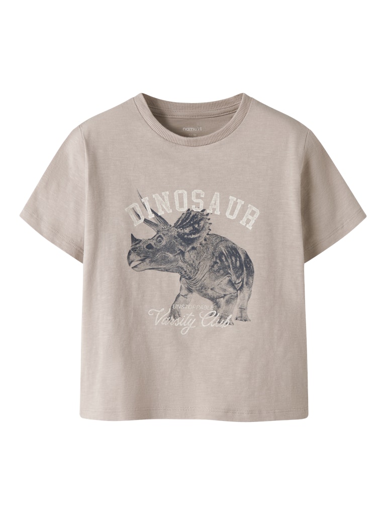 Beige t-shirt with dinosaur graphic and text on a white background