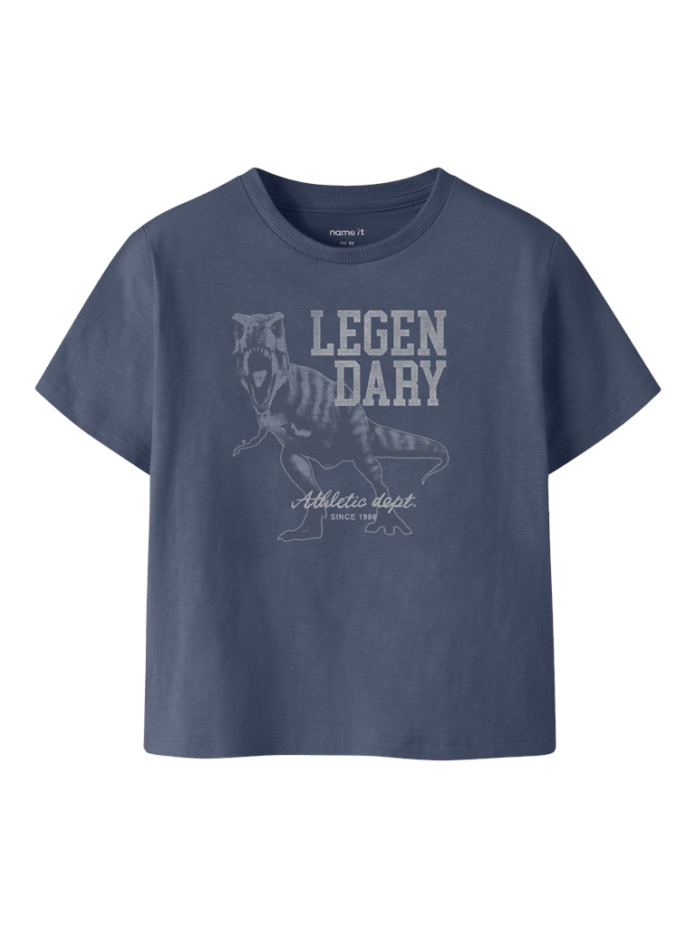 Blue t-shirt with graphic design and text on a white background