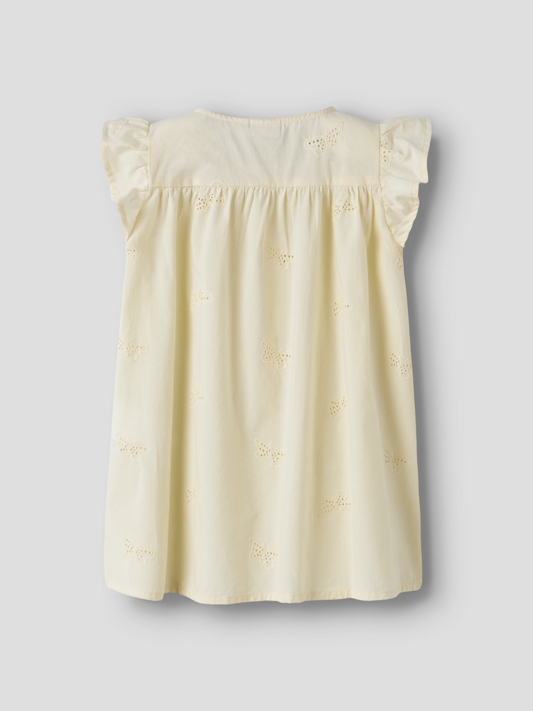Yellow dress with ruffled sleeves on a light gray background