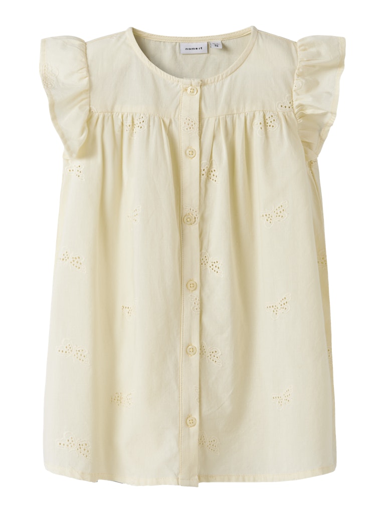 Cream-colored blouse with ruffled sleeves on a white background