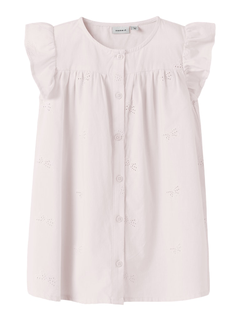Light pink blouse with ruffled sleeves on a white background