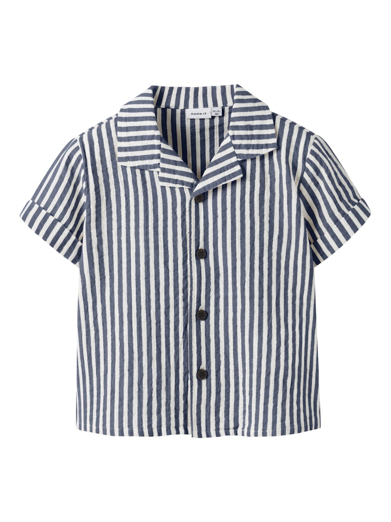 Navy and white striped shirt on a white background