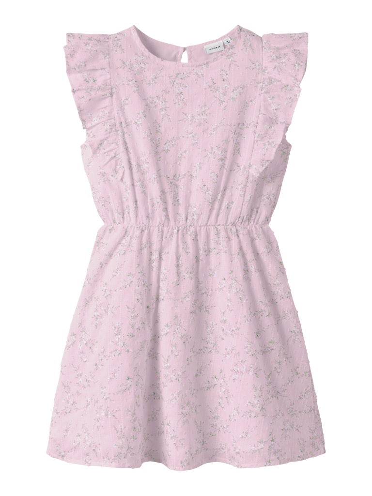 Pink dress with floral pattern on a white background