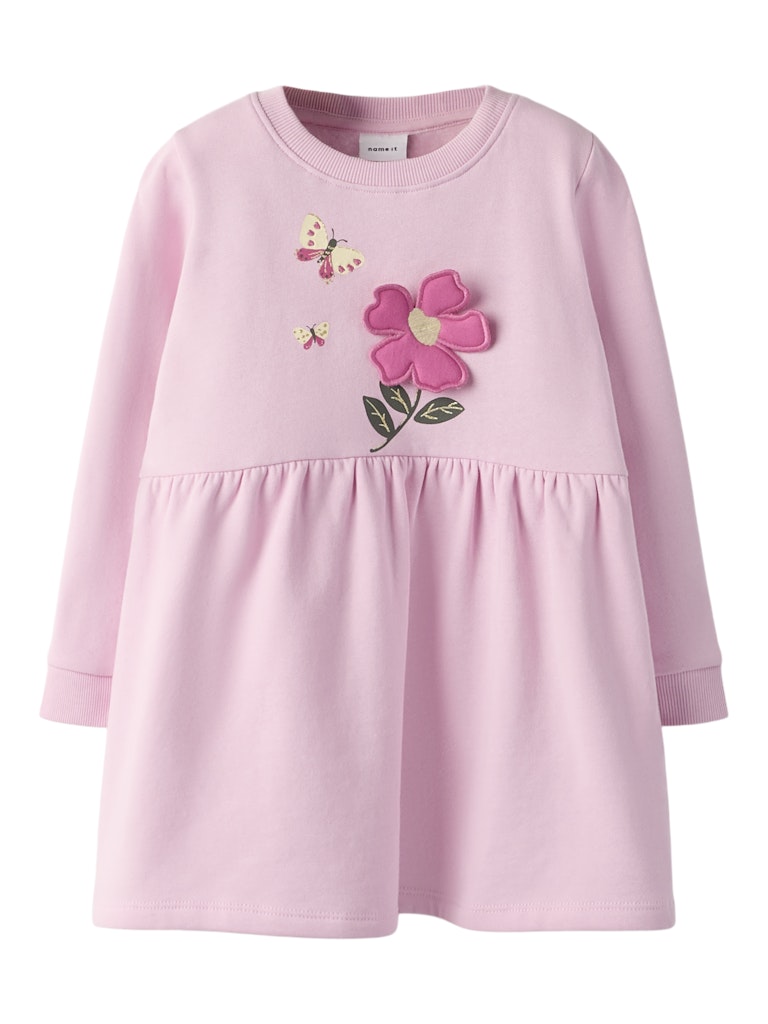 Pink dress with floral and butterfly design on a white background