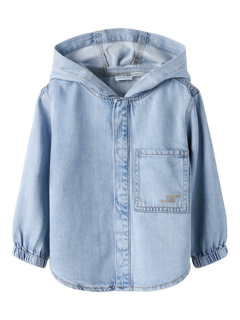 Light blue denim jacket with a hood on a white background