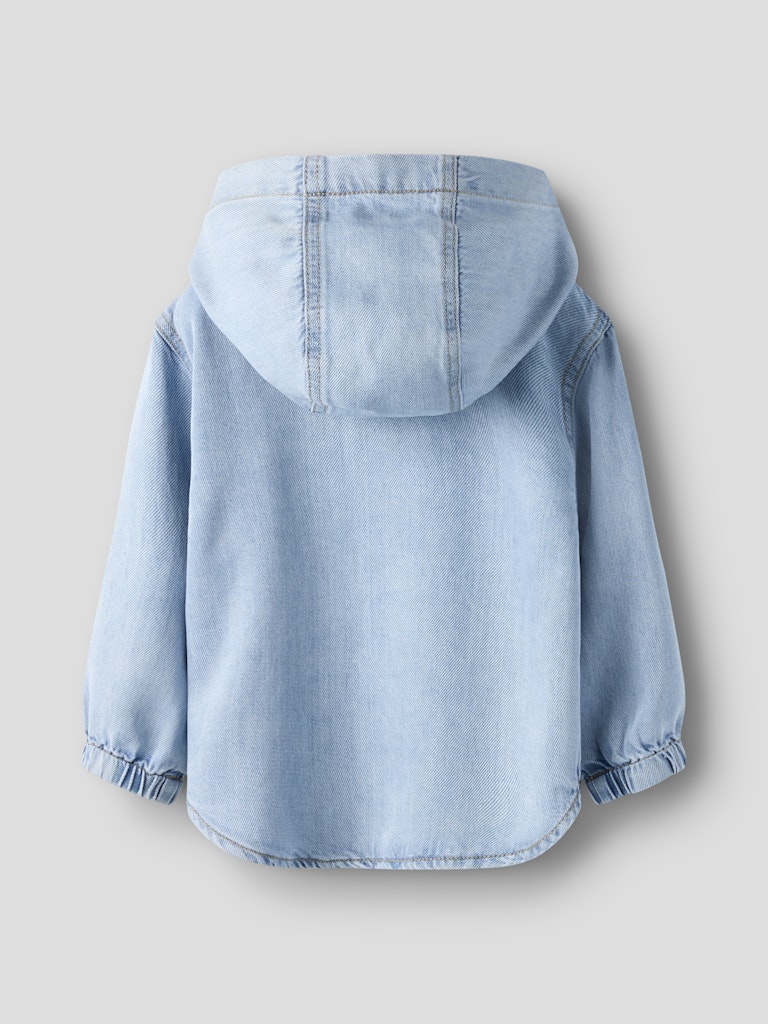 Light blue denim jacket with hood on a light gray background