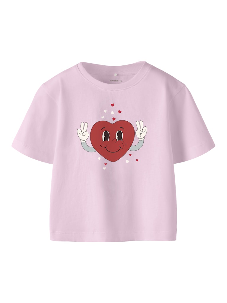 Pink t-shirt with a heart design on a white background