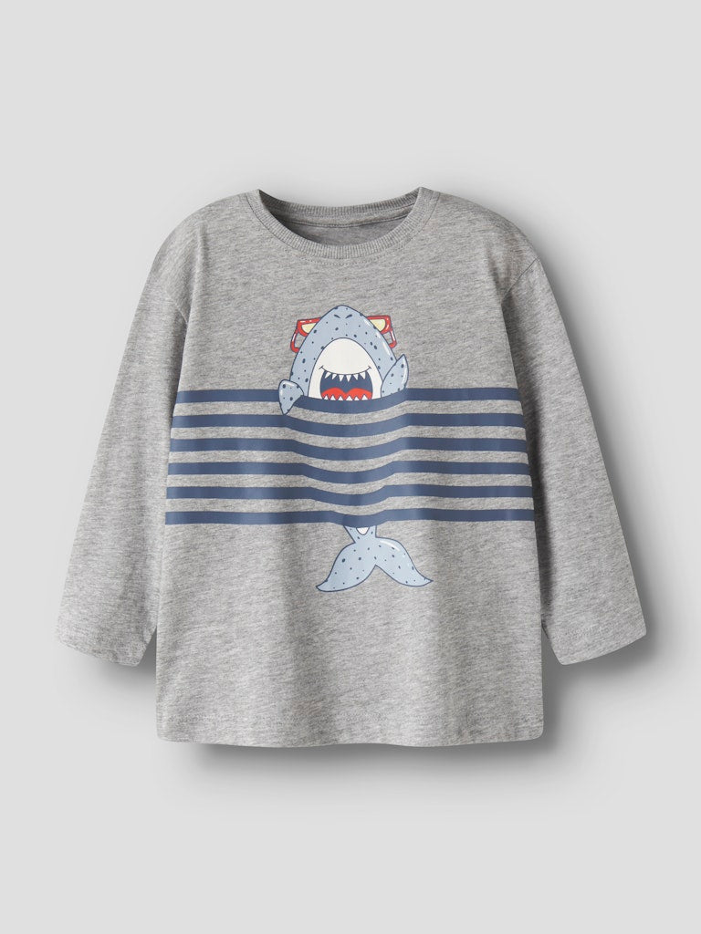 Gray sweatshirt with shark design on a light gray background
