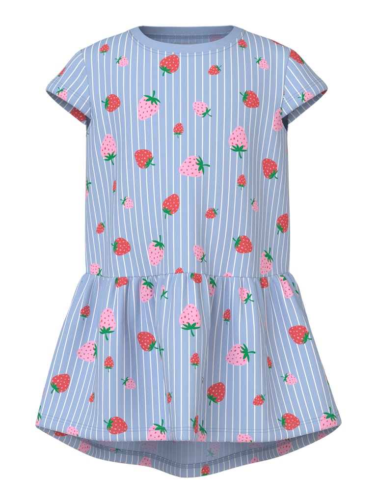 Children's dress with strawberry pattern on a white background