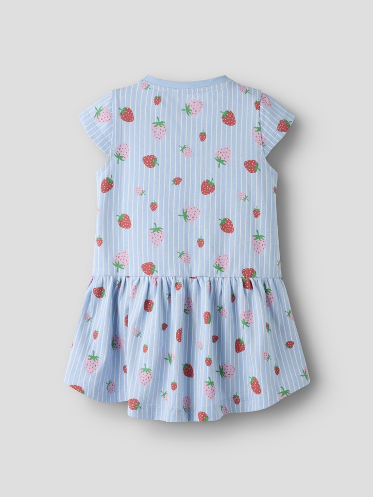 Children's dress with strawberry pattern on a light gray background-Back view