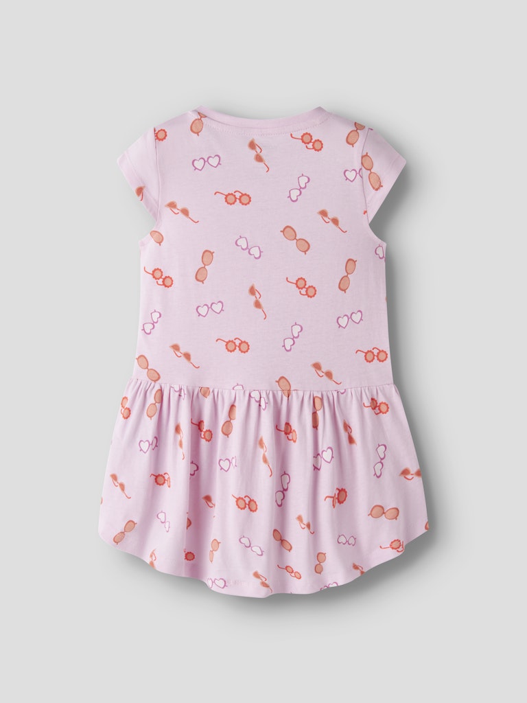Pink dress with sunglasses pattern on a white background-Back view