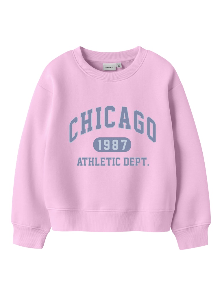 Pink sweatshirt with 'Chicago 1987 Athletic Dept.' text on a white background
