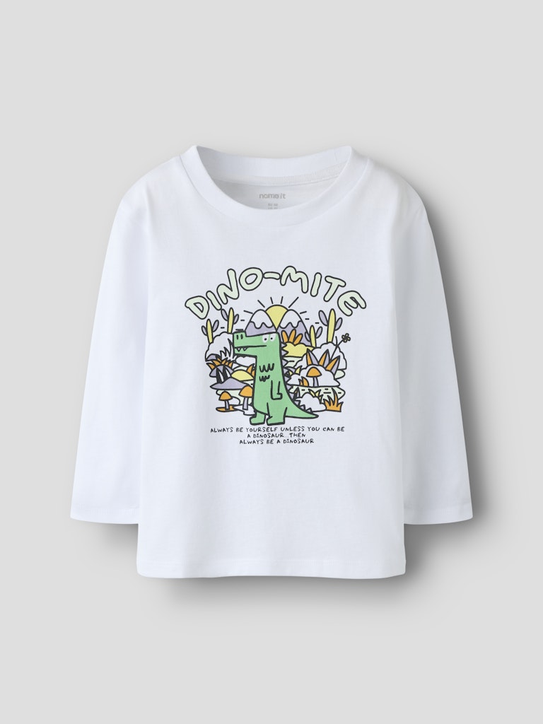 White t-shirt with dinosaur graphic and text on a light gray background