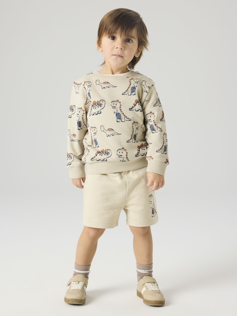 Child wearing a patterned sweater and shorts set on a plain background