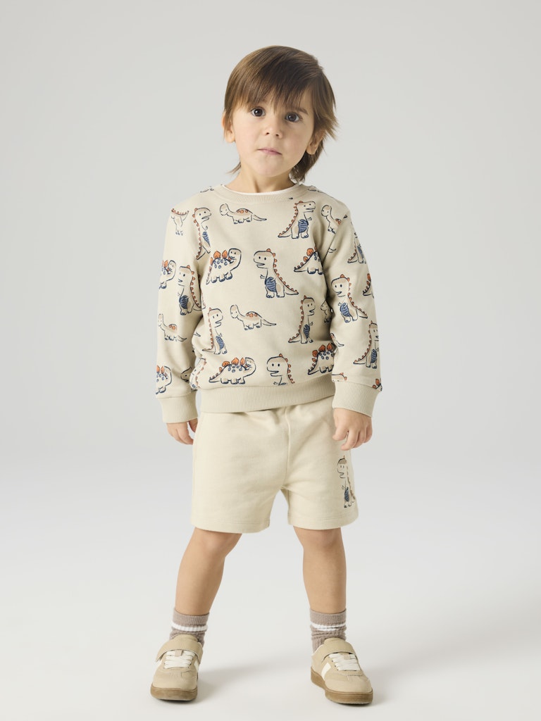 Child wearing a patterned sweater and shorts set on a white background