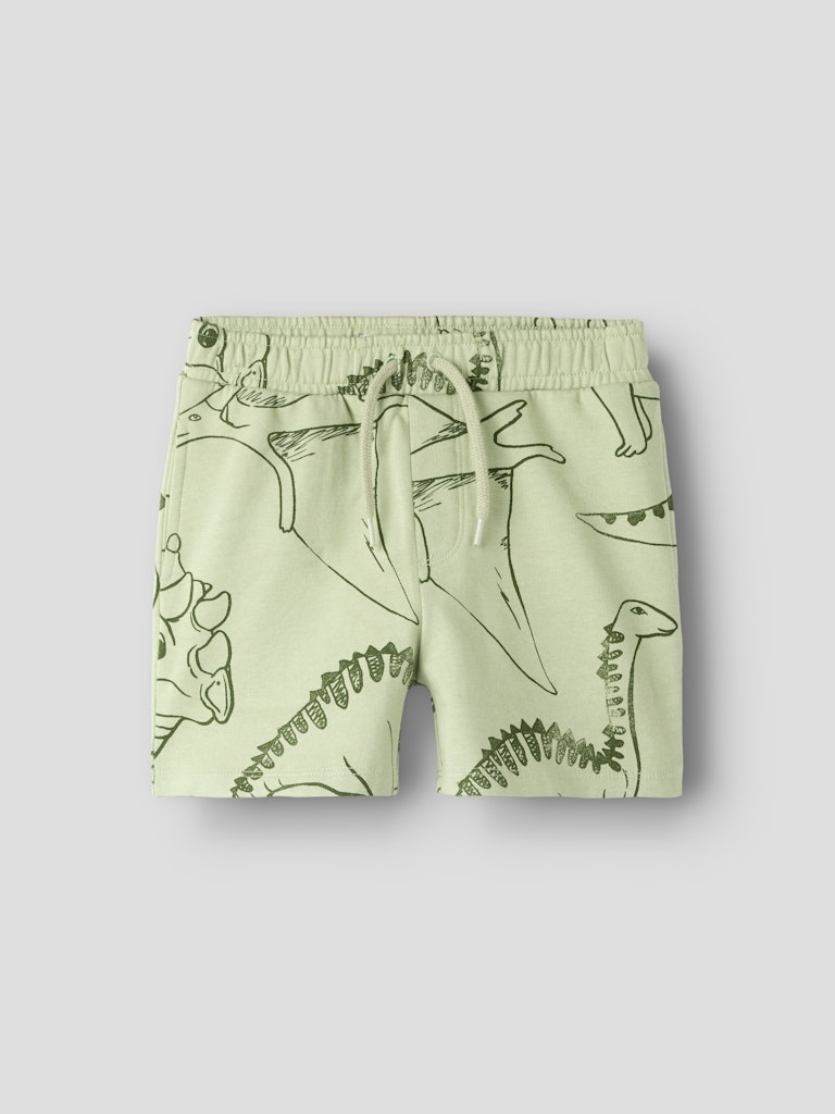 Green shorts with dinosaur print on a light gray background