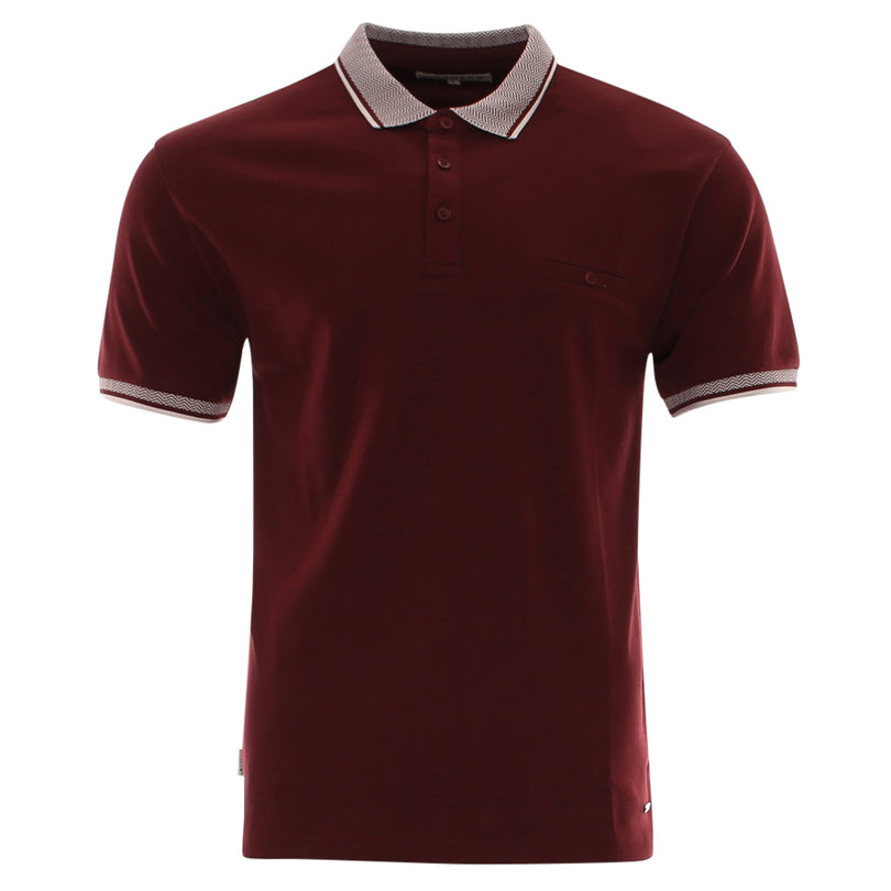 Maroon polo shirt with white trim on a white background