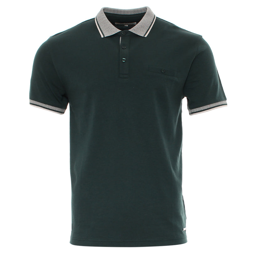 Green polo shirt with white trim on a white background