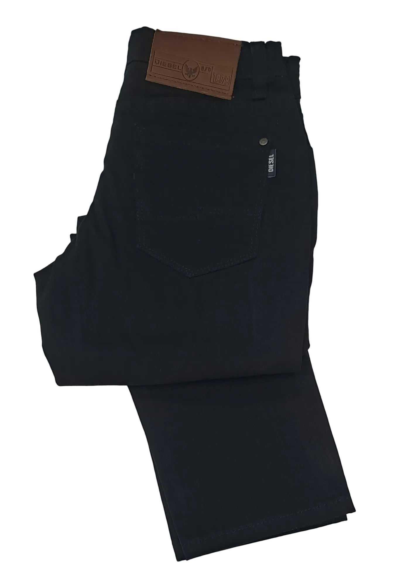 Folded navy Diesel boys pants with a brown leather patch on a light gray background