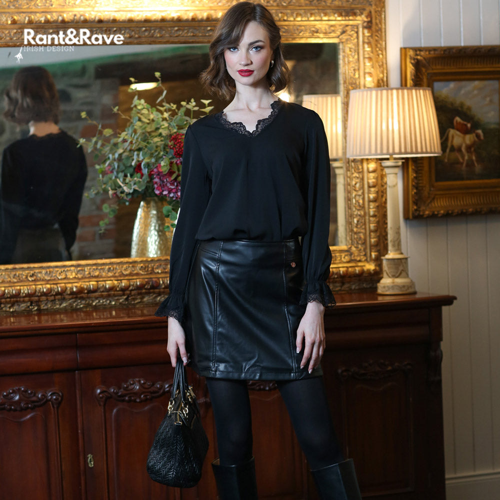 Ladies Oakley Black Top Matched with Elssa Leather Look Skirt - Closer View