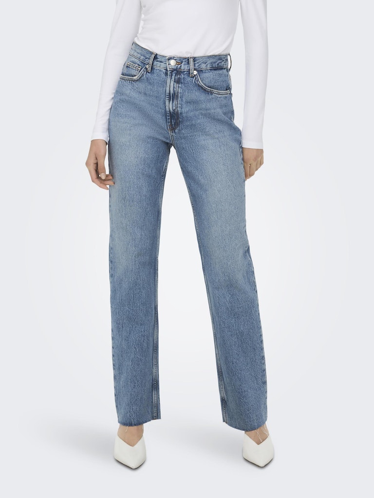 Ladies Riley Life High Waist Denim Jeans-Medium Blue Denim-Model Front View